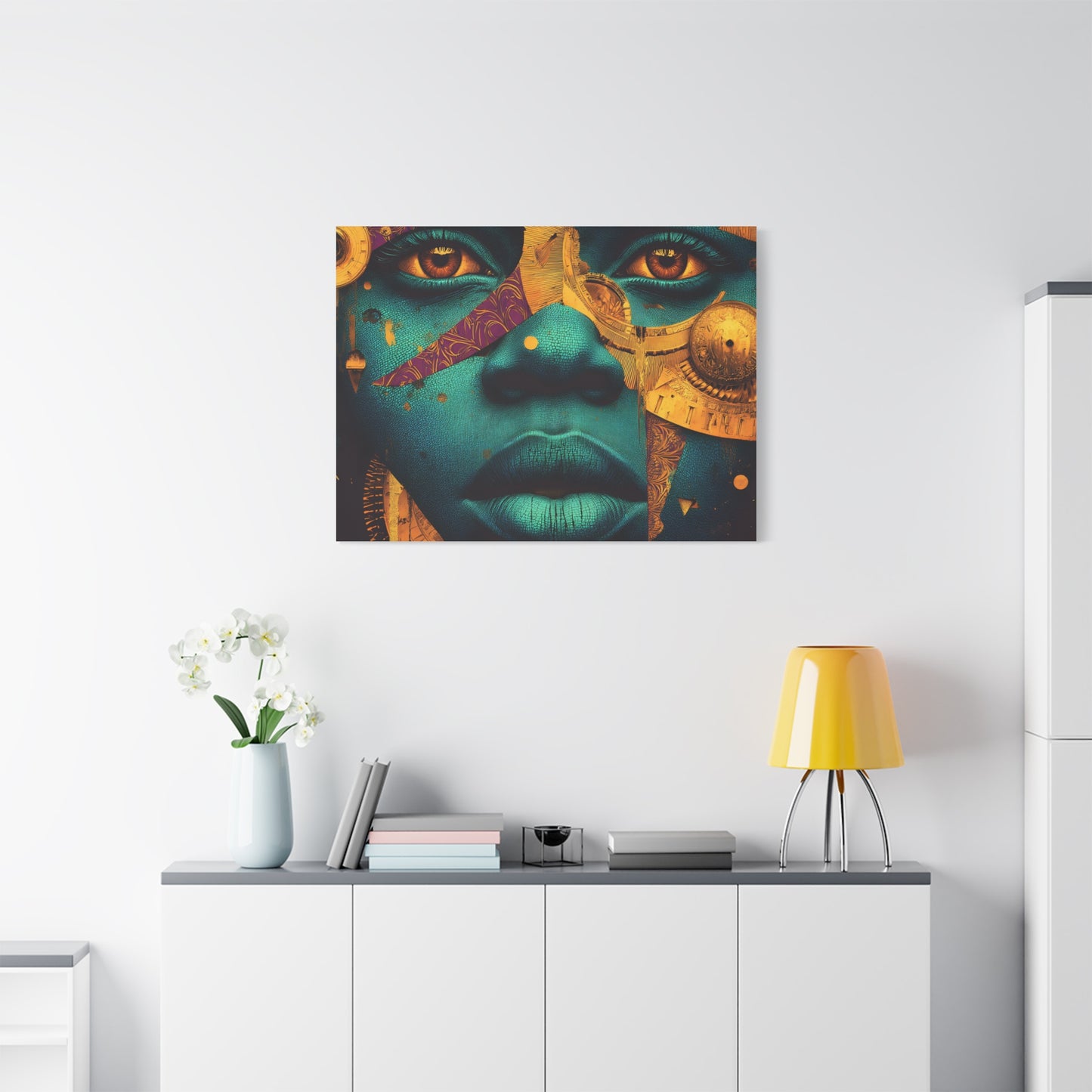 Afro-Futurist Portrait Matte Stretched Canvas — Teal & Gold Face Wall Art