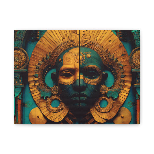 Gold & Teal Tribal Mask Matte Canvas Art — Stretched Wall Decor