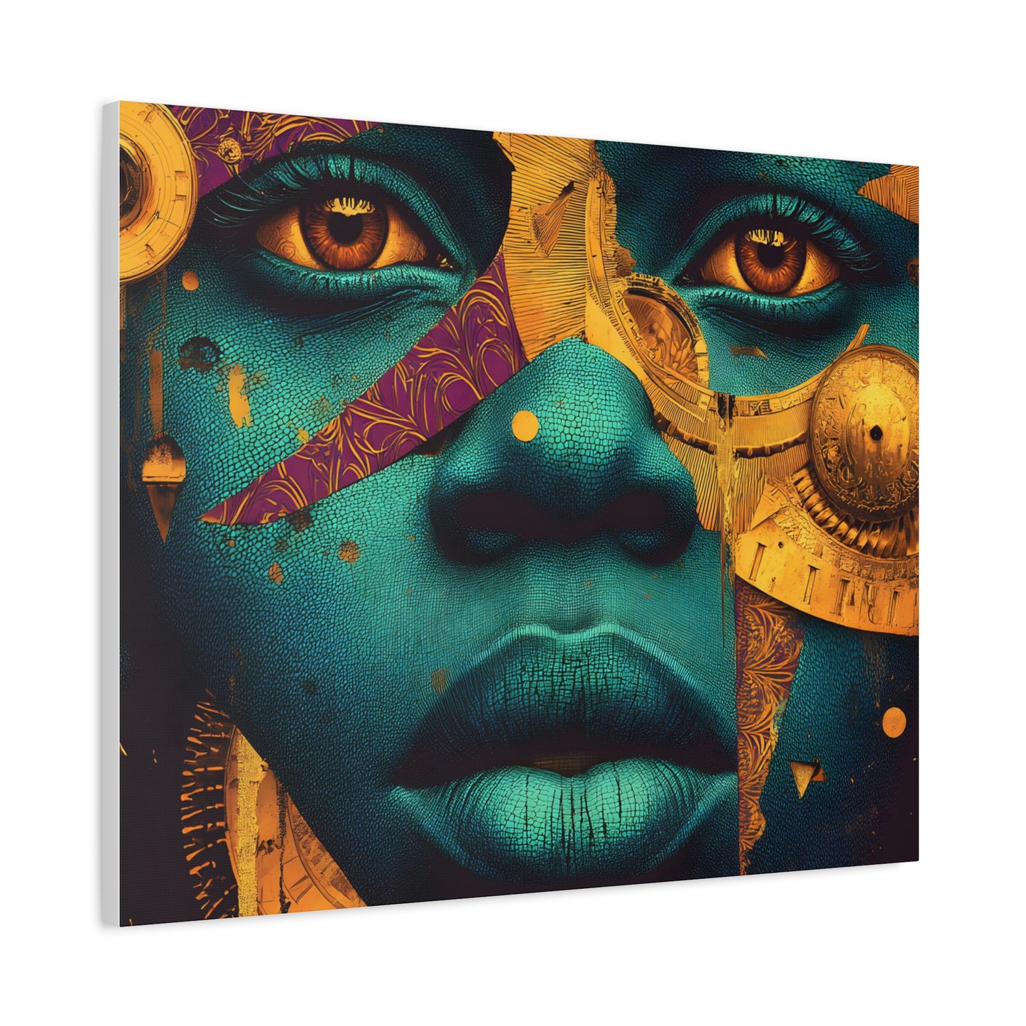 Afro-Futurist Portrait Matte Stretched Canvas — Teal & Gold Face Wall Art