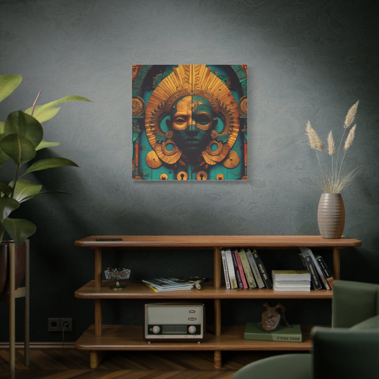 Gold & Teal Tribal Mask Matte Canvas Art — Stretched Wall Decor