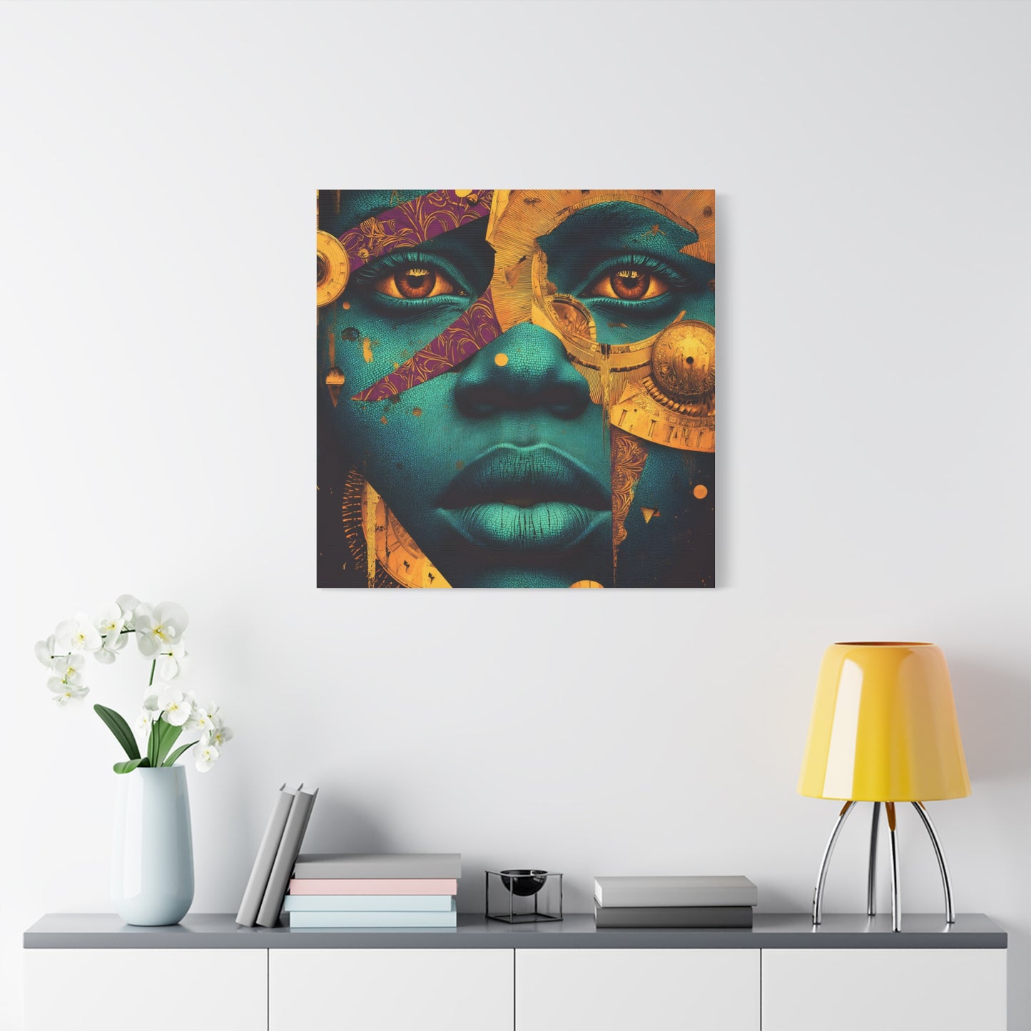 Afro-Futurist Portrait Matte Stretched Canvas — Teal & Gold Face Wall Art