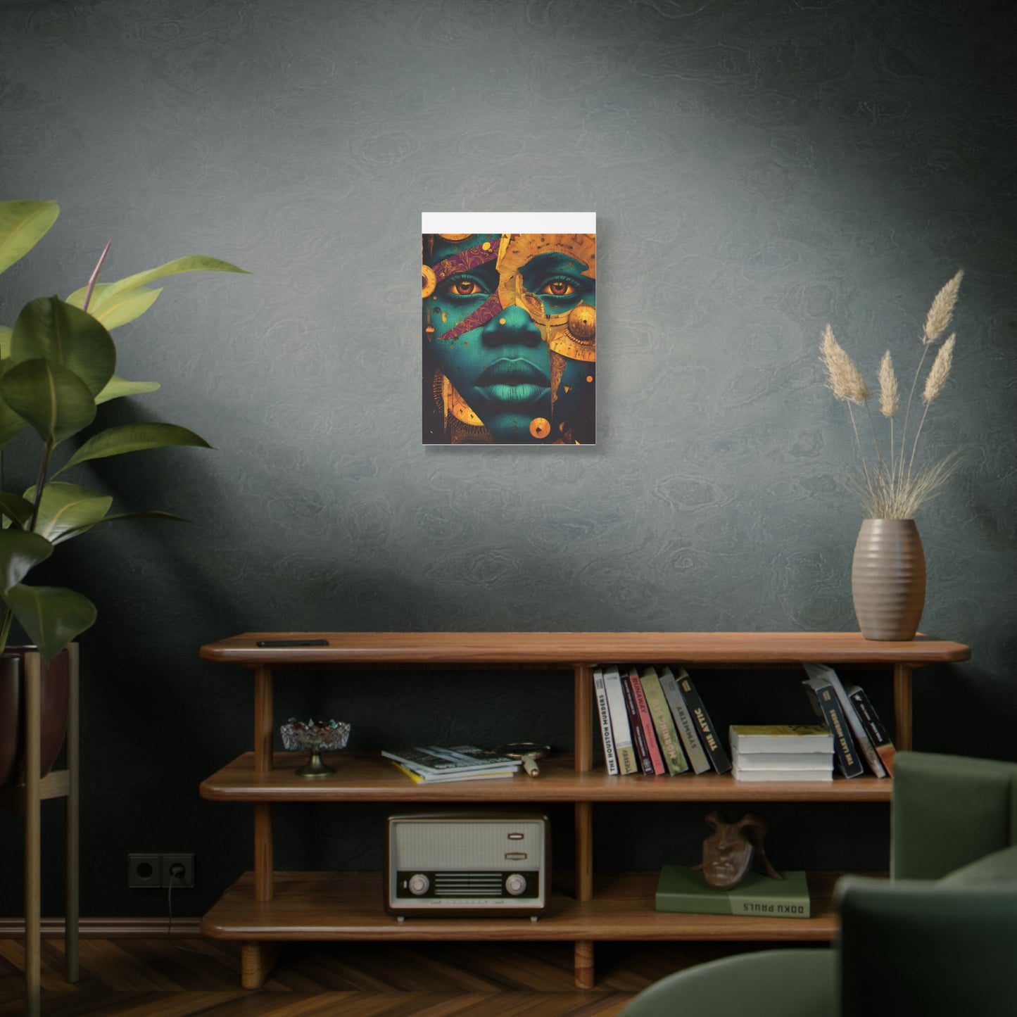 Afro-Futurist Portrait Matte Stretched Canvas — Teal & Gold Face Wall Art