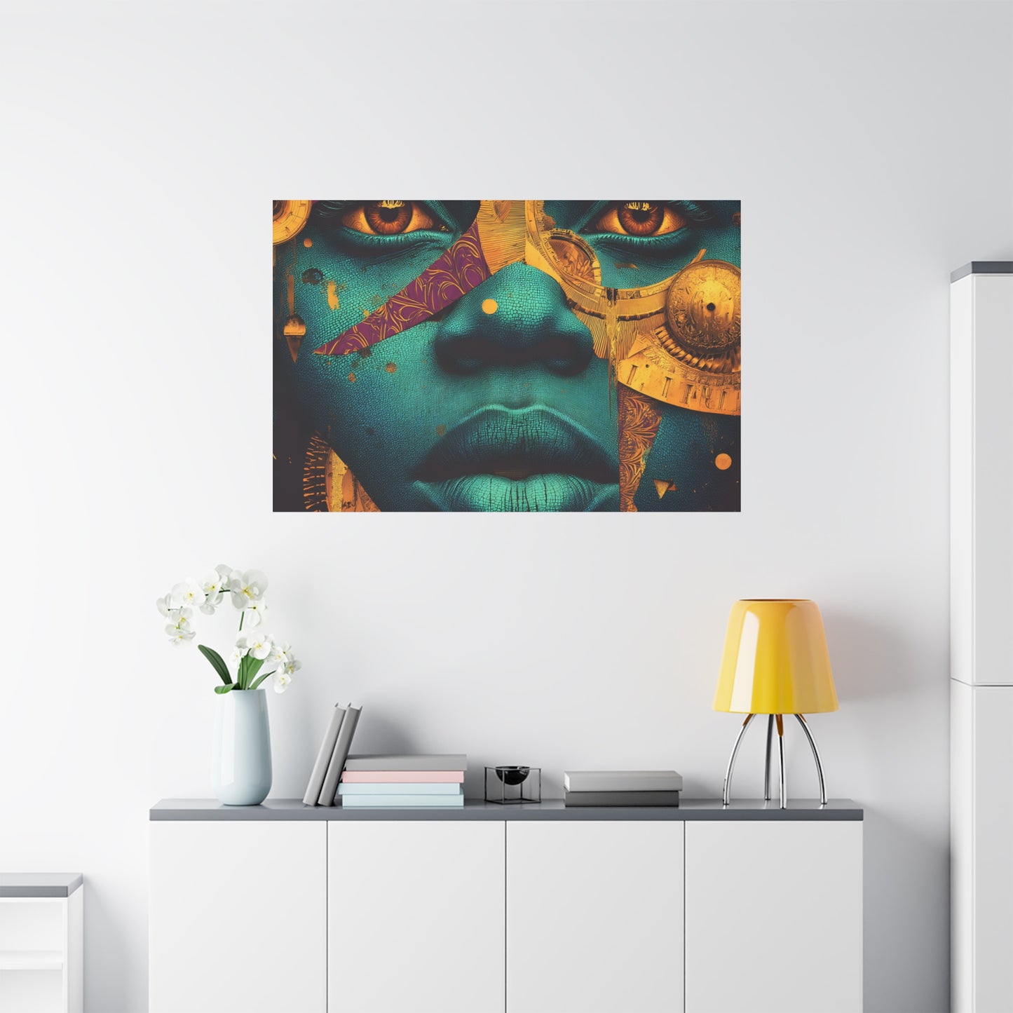 Afro-Futurist Portrait Matte Stretched Canvas — Teal & Gold Face Wall Art
