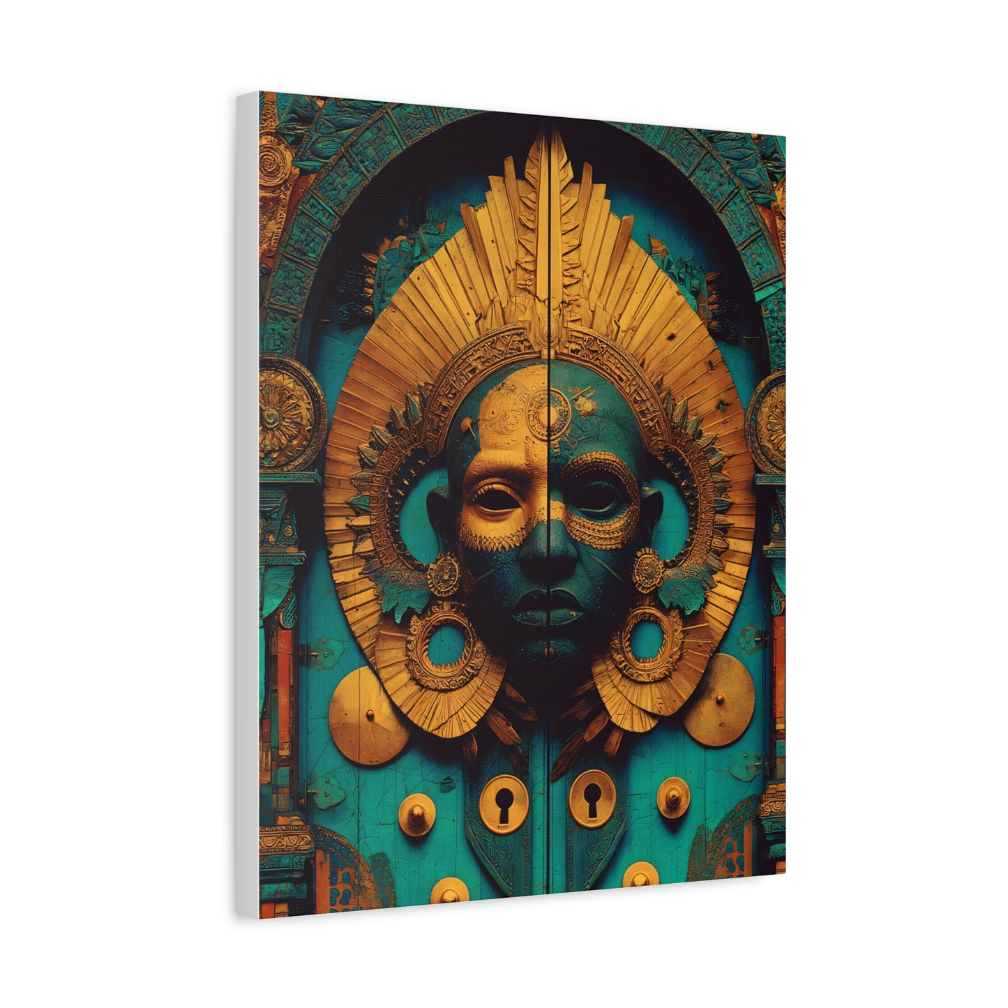 Gold & Teal Tribal Mask Matte Canvas Art — Stretched Wall Decor
