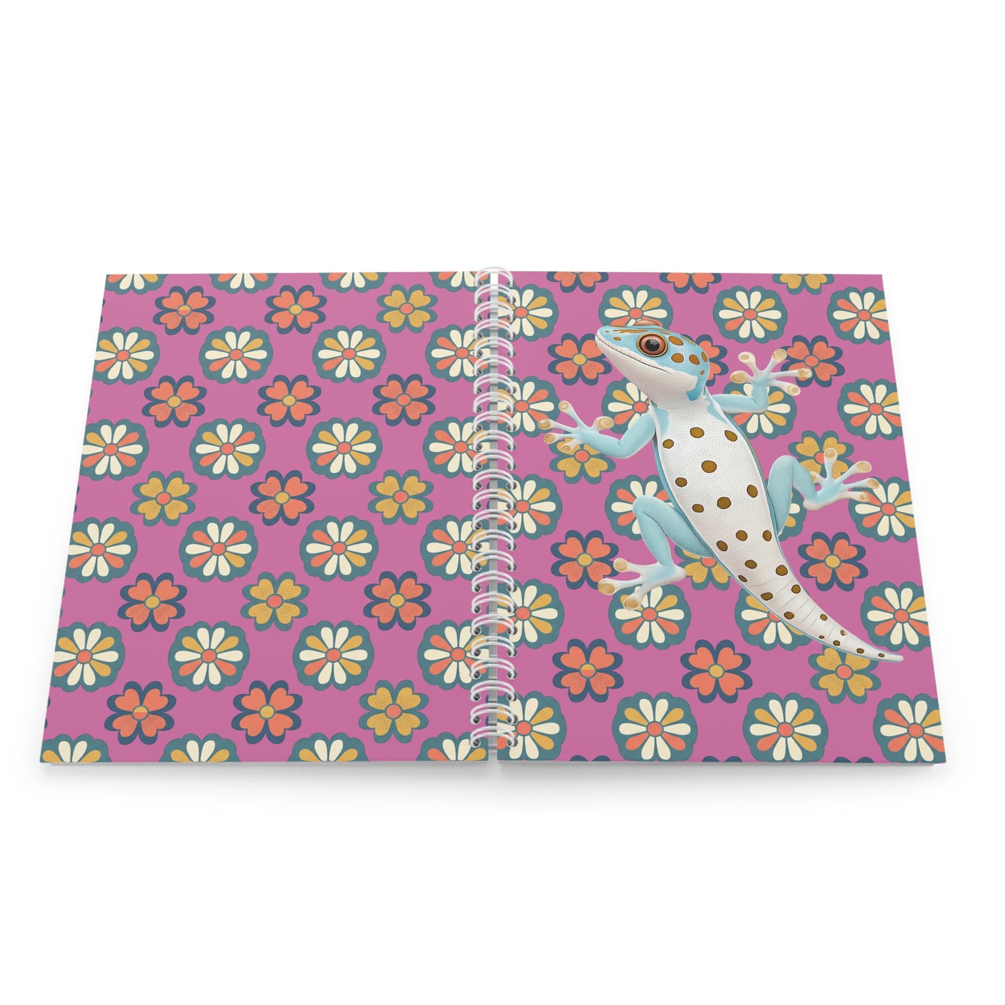 Gecko Floral Spiral Notebook — Cute Blue Gecko on Retro Daisy Pattern
