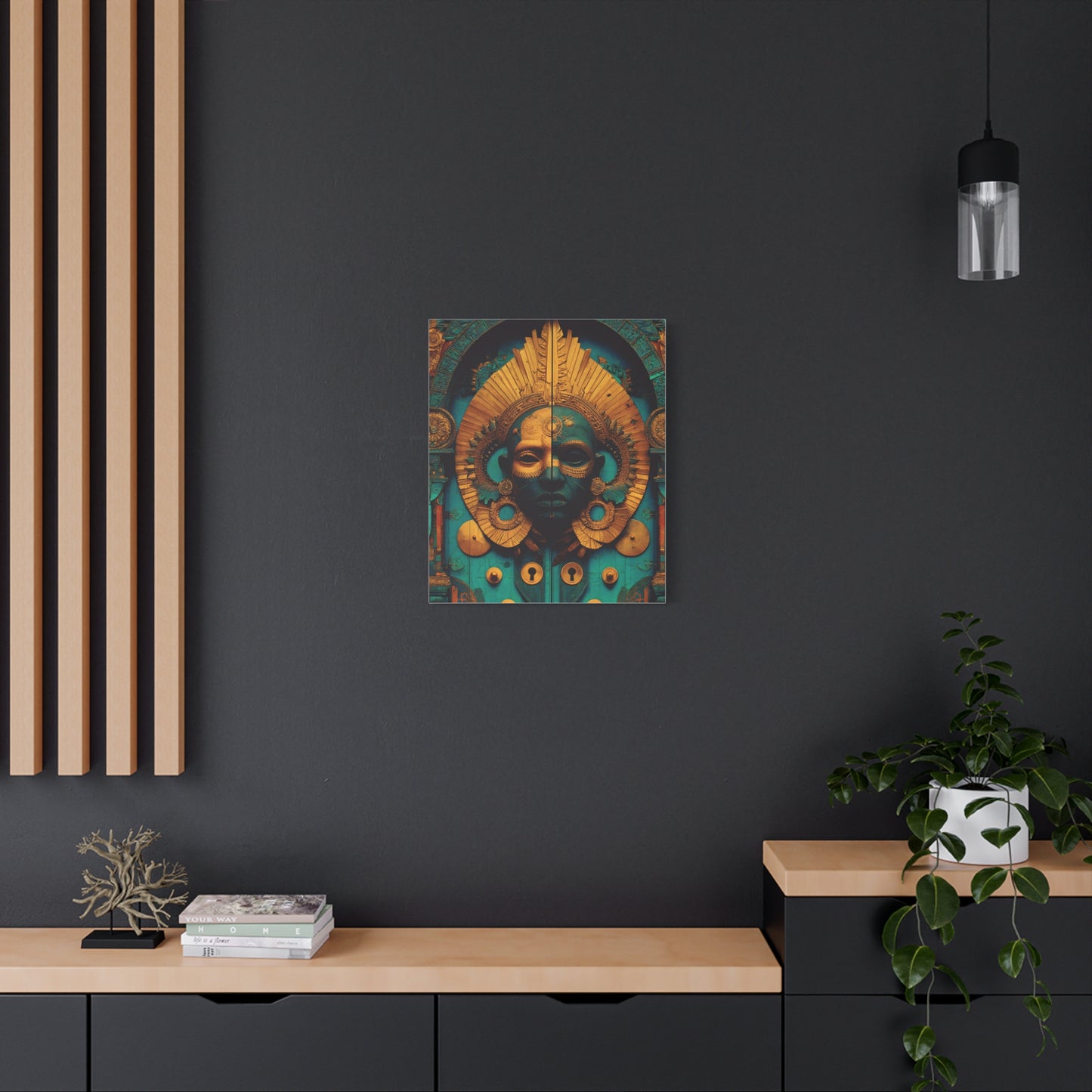 Gold & Teal Tribal Mask Matte Canvas Art — Stretched Wall Decor