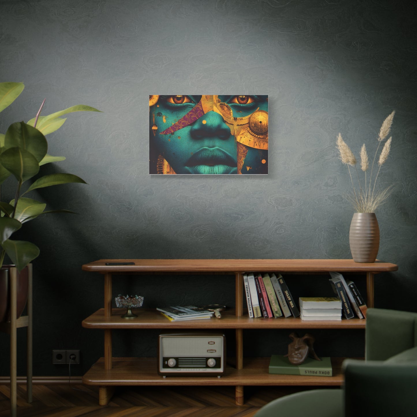 Afro-Futurist Portrait Matte Stretched Canvas — Teal & Gold Face Wall Art