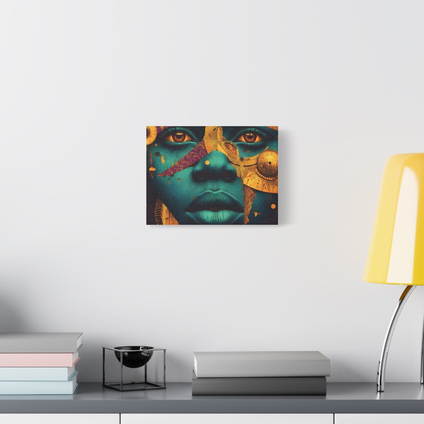 Afro-Futurist Portrait Matte Stretched Canvas — Teal & Gold Face Wall Art