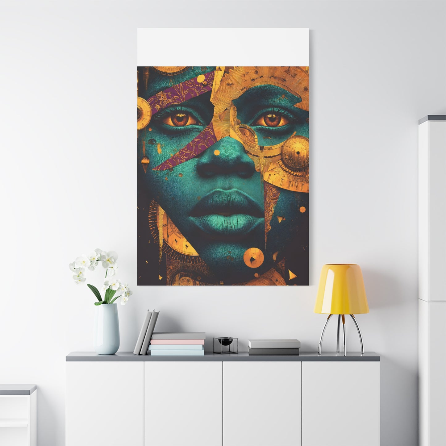 Afro-Futurist Portrait Matte Stretched Canvas — Teal & Gold Face Wall Art