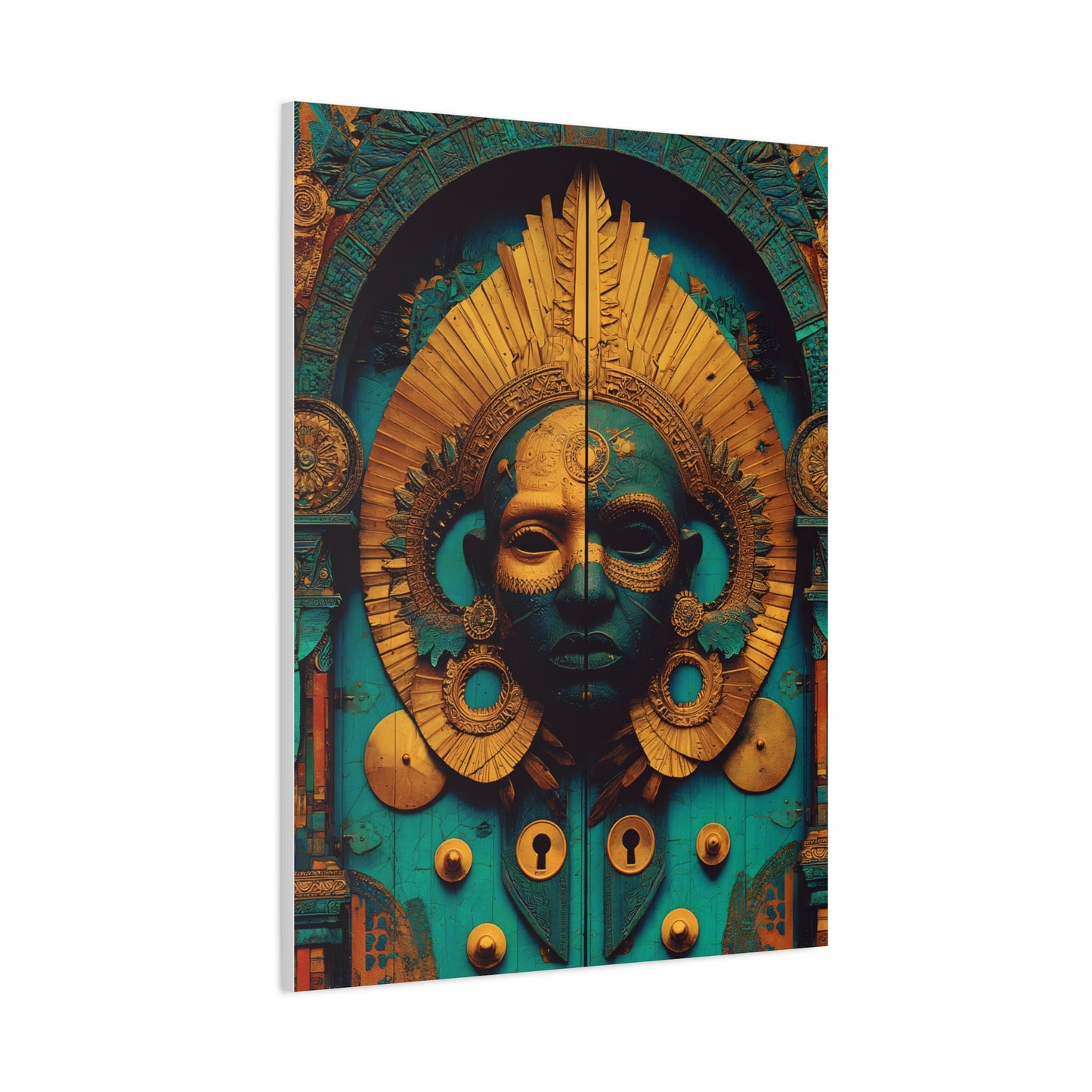 Gold & Teal Tribal Mask Matte Canvas Art — Stretched Wall Decor