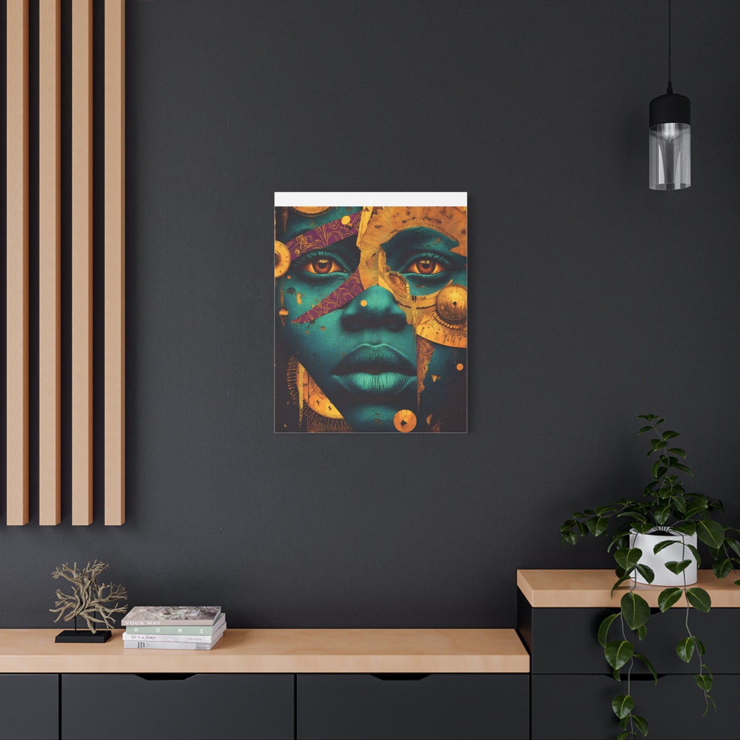 Afro-Futurist Portrait Matte Stretched Canvas — Teal & Gold Face Wall Art