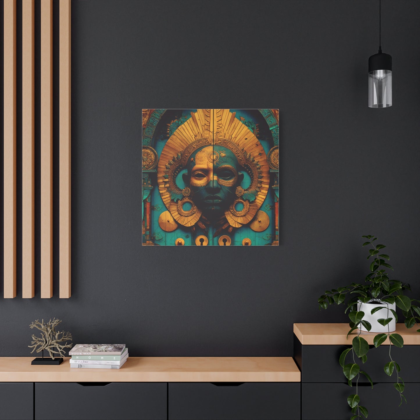 Gold & Teal Tribal Mask Matte Canvas Art — Stretched Wall Decor