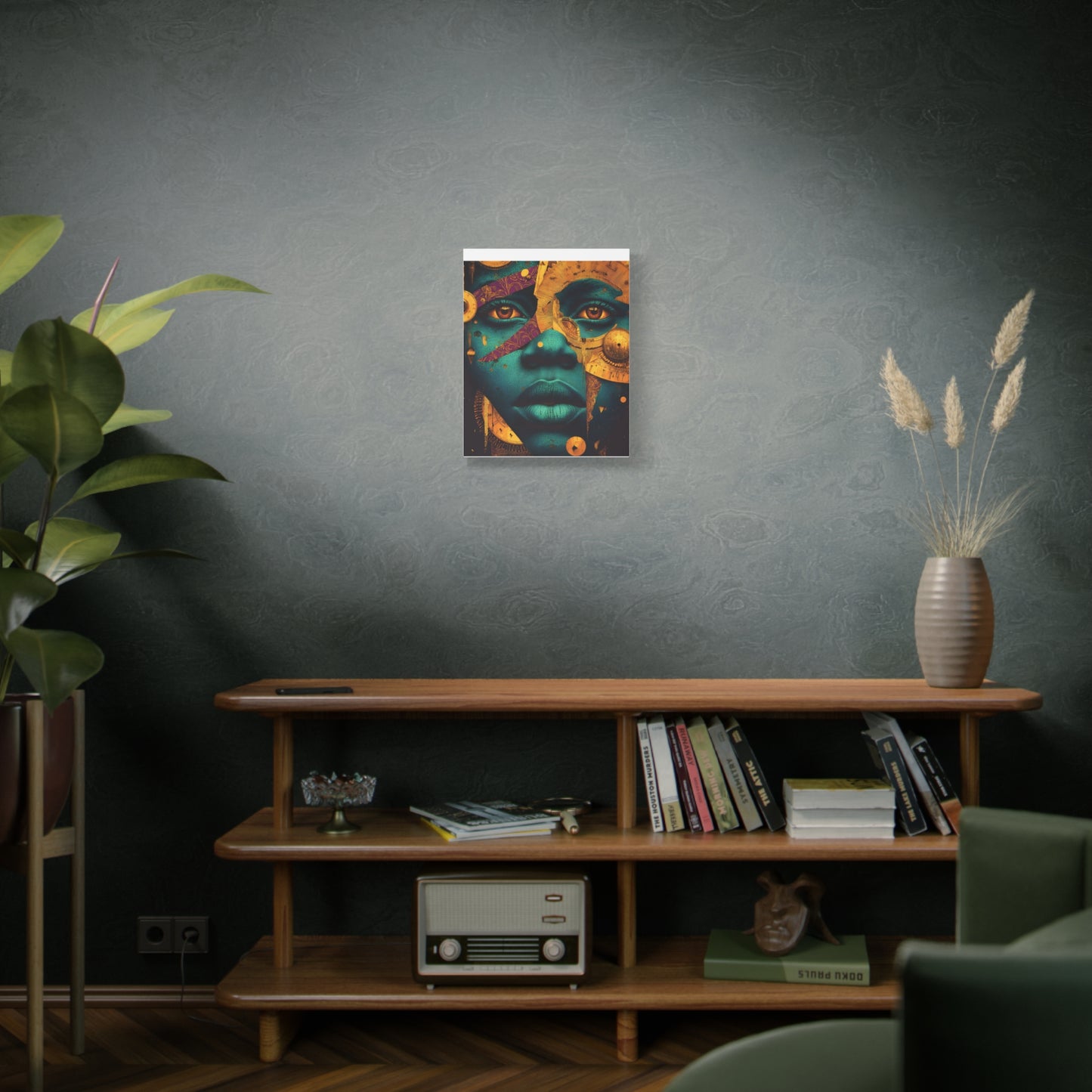 Afro-Futurist Portrait Matte Stretched Canvas — Teal & Gold Face Wall Art