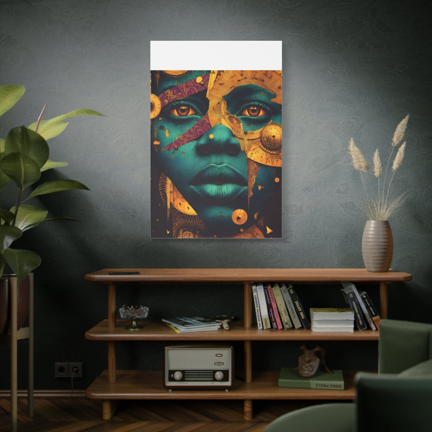 Afro-Futurist Portrait Matte Stretched Canvas — Teal & Gold Face Wall Art