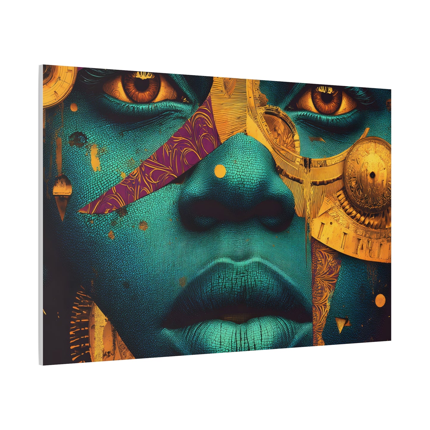 Afro-Futurist Portrait Matte Stretched Canvas — Teal & Gold Face Wall Art