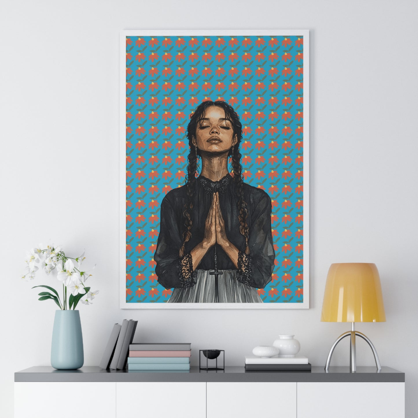 Serene Prayer Vertical Framed Poster, Meditation Art Print, Bohemian Wall Decor, Inspirational Home Decor, Gift for Her