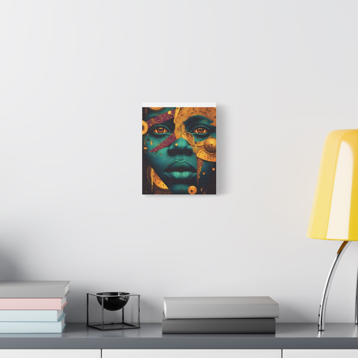 Afro-Futurist Portrait Matte Stretched Canvas — Teal & Gold Face Wall Art