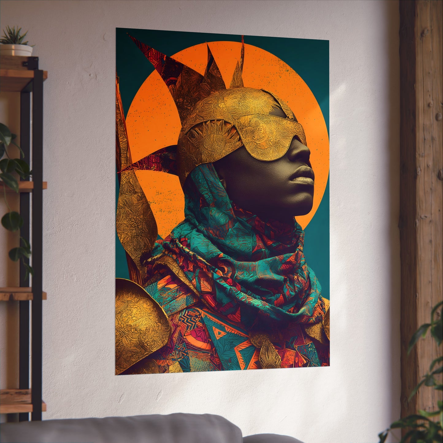Golden Masked Figure poster | Fine Art Poster, Afrocentric Portrait, Abstract Halo