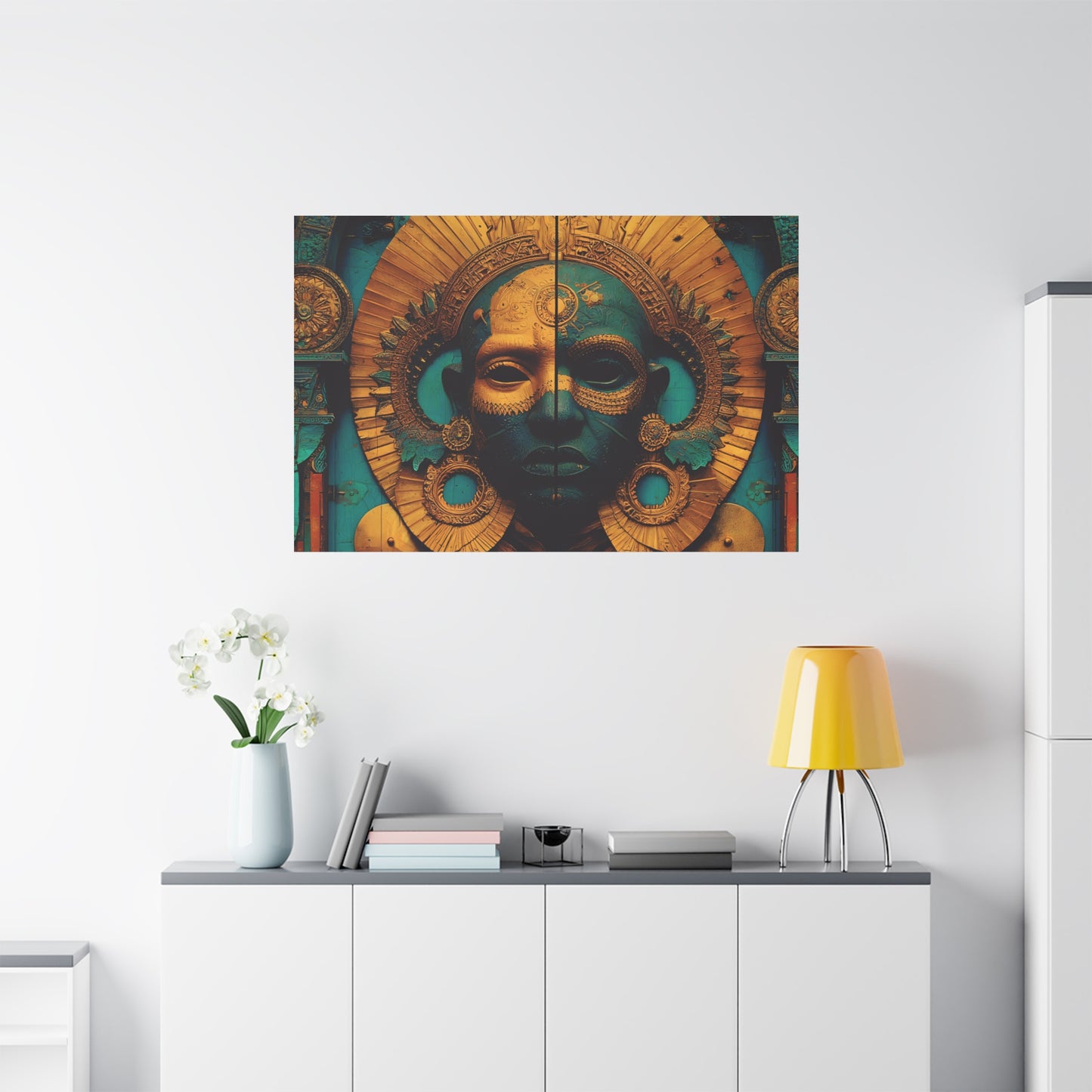 Gold & Teal Tribal Mask Matte Canvas Art — Stretched Wall Decor