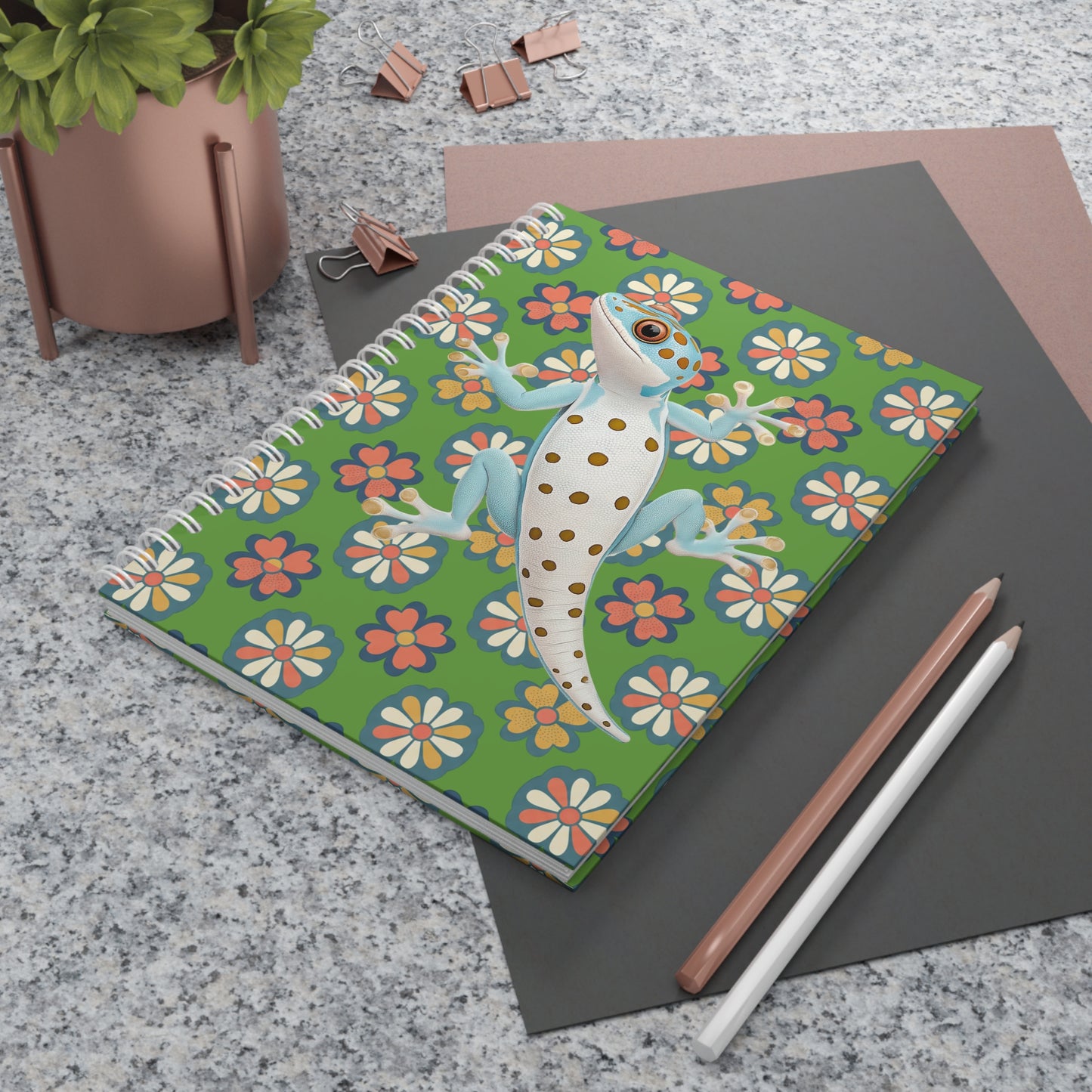 Gecko Floral Spiral Notebook — Cute Blue Gecko on Retro Daisy Pattern