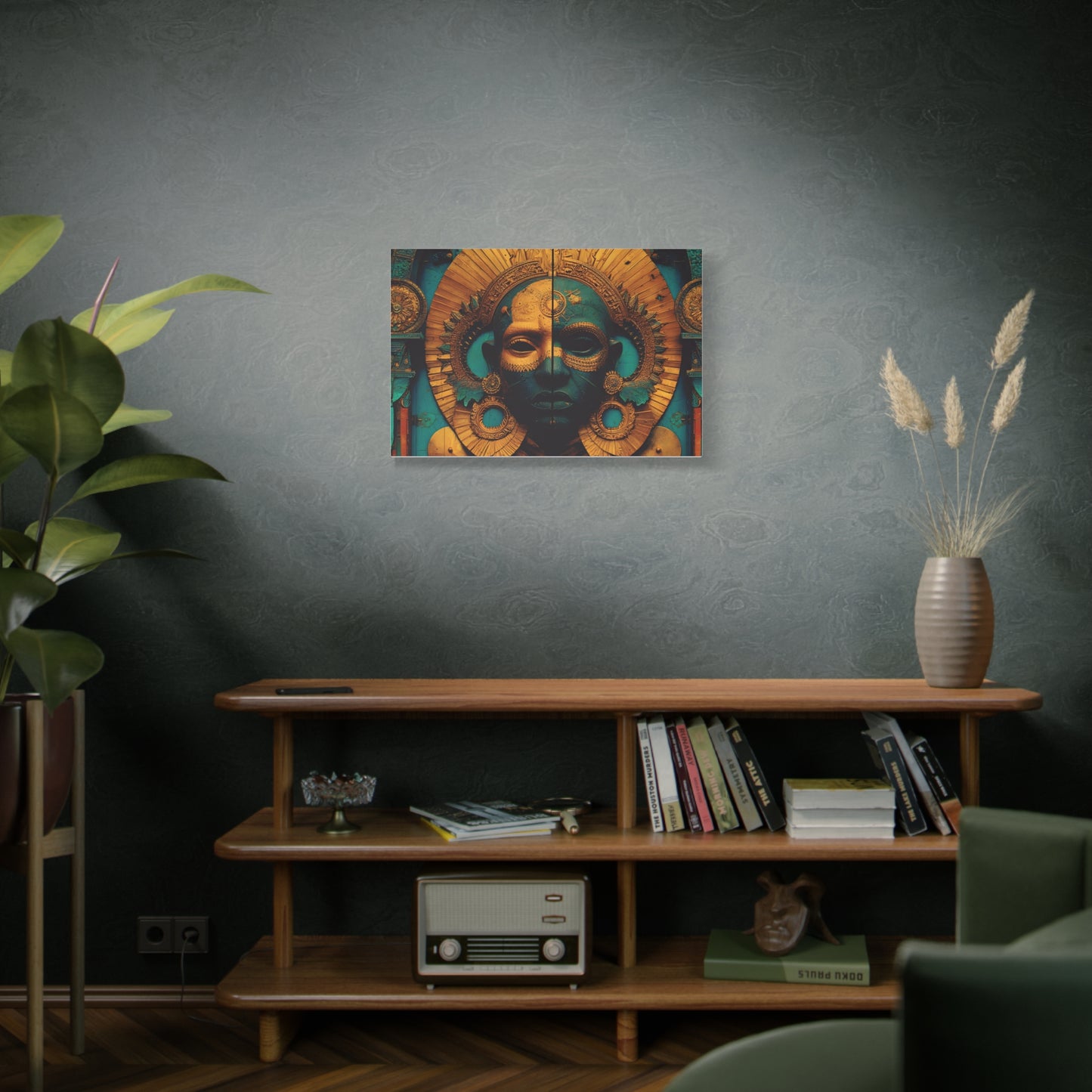 Gold & Teal Tribal Mask Matte Canvas Art — Stretched Wall Decor