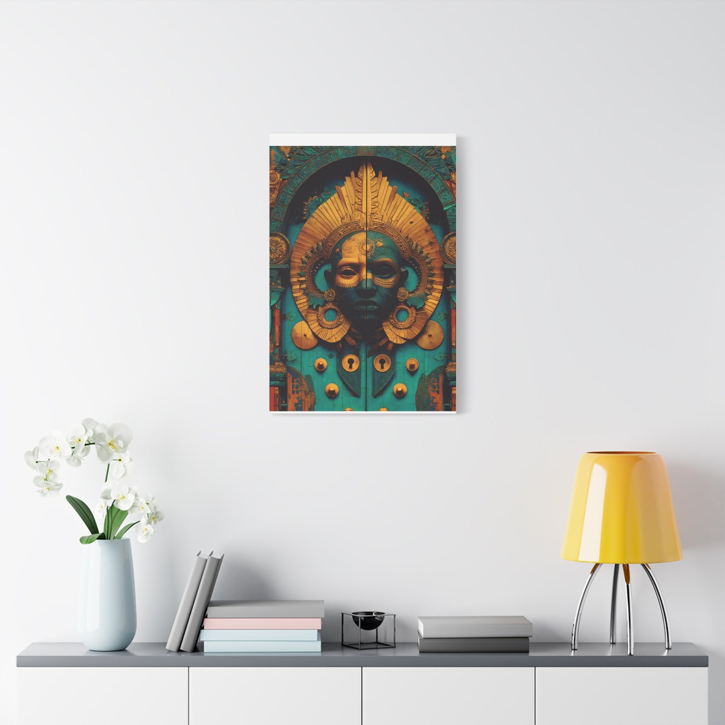 Gold & Teal Tribal Mask Matte Canvas Art — Stretched Wall Decor