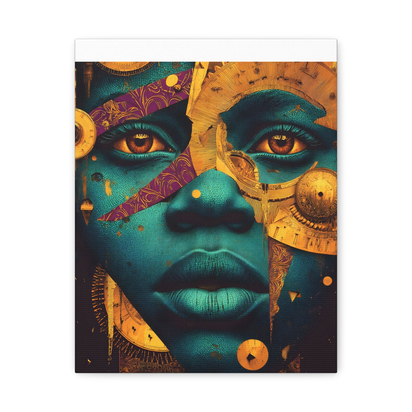 Afro-Futurist Portrait Matte Stretched Canvas — Teal & Gold Face Wall Art