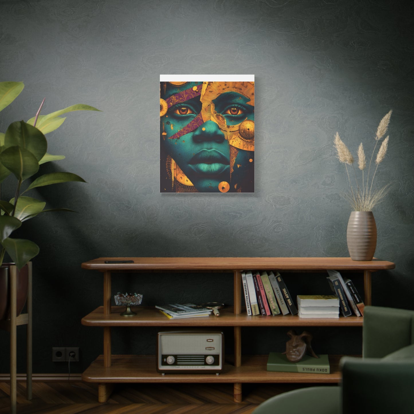 Afro-Futurist Portrait Matte Stretched Canvas — Teal & Gold Face Wall Art