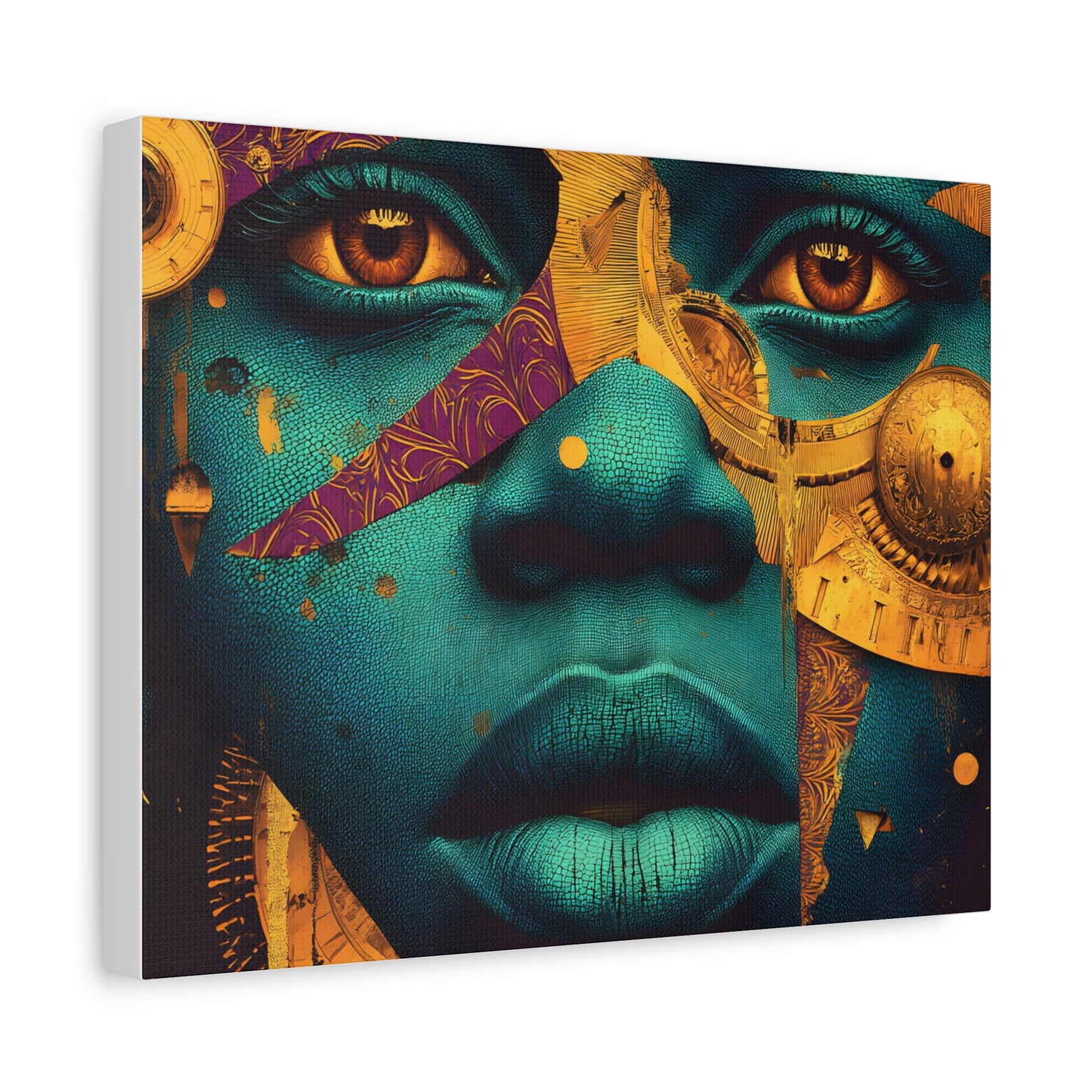 Afro-Futurist Portrait Matte Stretched Canvas — Teal & Gold Face Wall Art