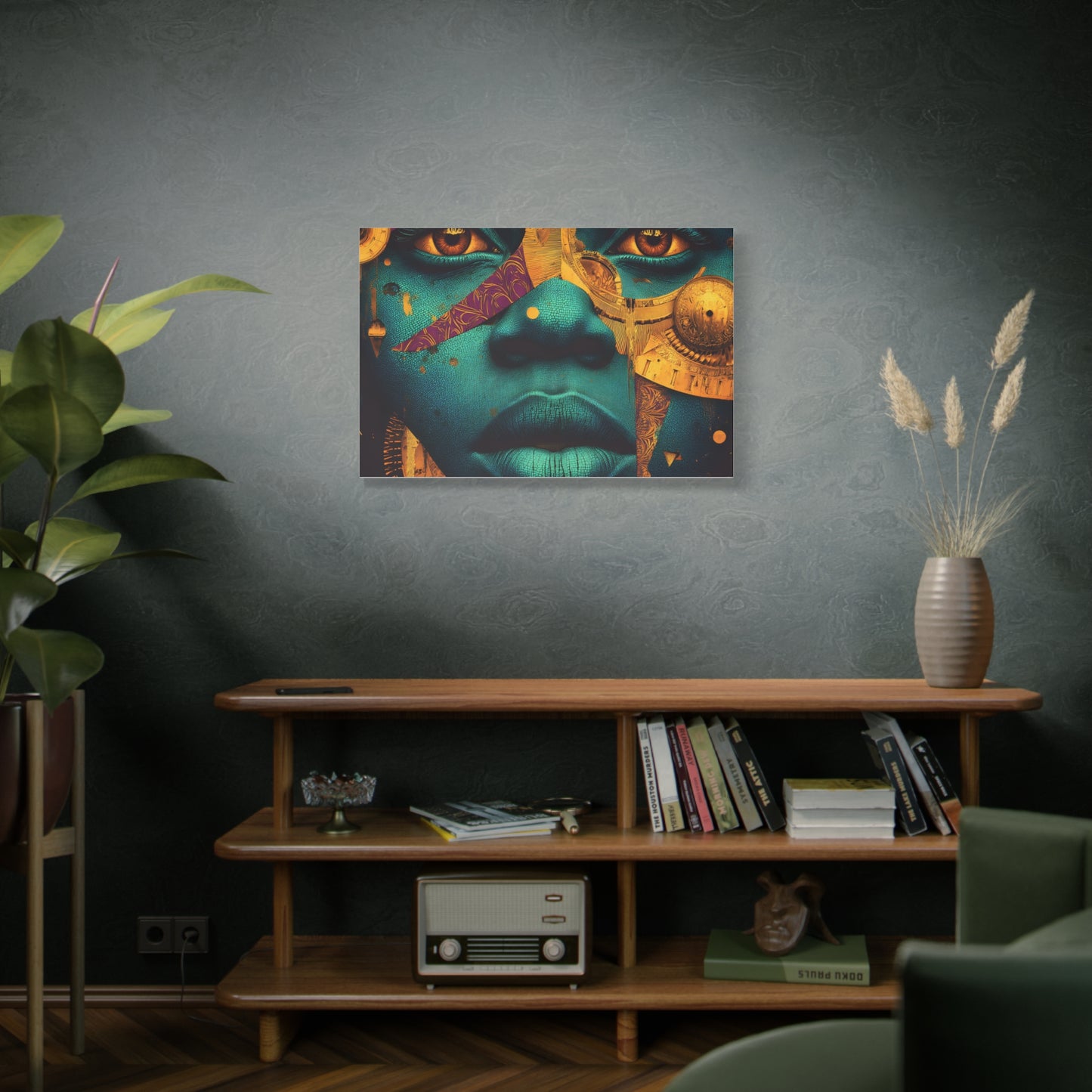 Afro-Futurist Portrait Matte Stretched Canvas — Teal & Gold Face Wall Art