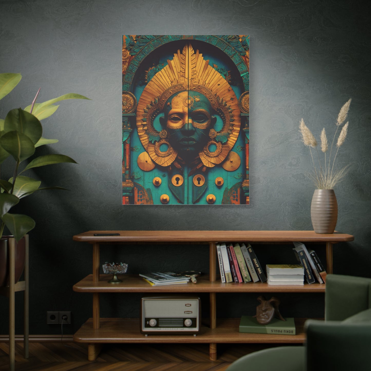 Gold & Teal Tribal Mask Matte Canvas Art — Stretched Wall Decor