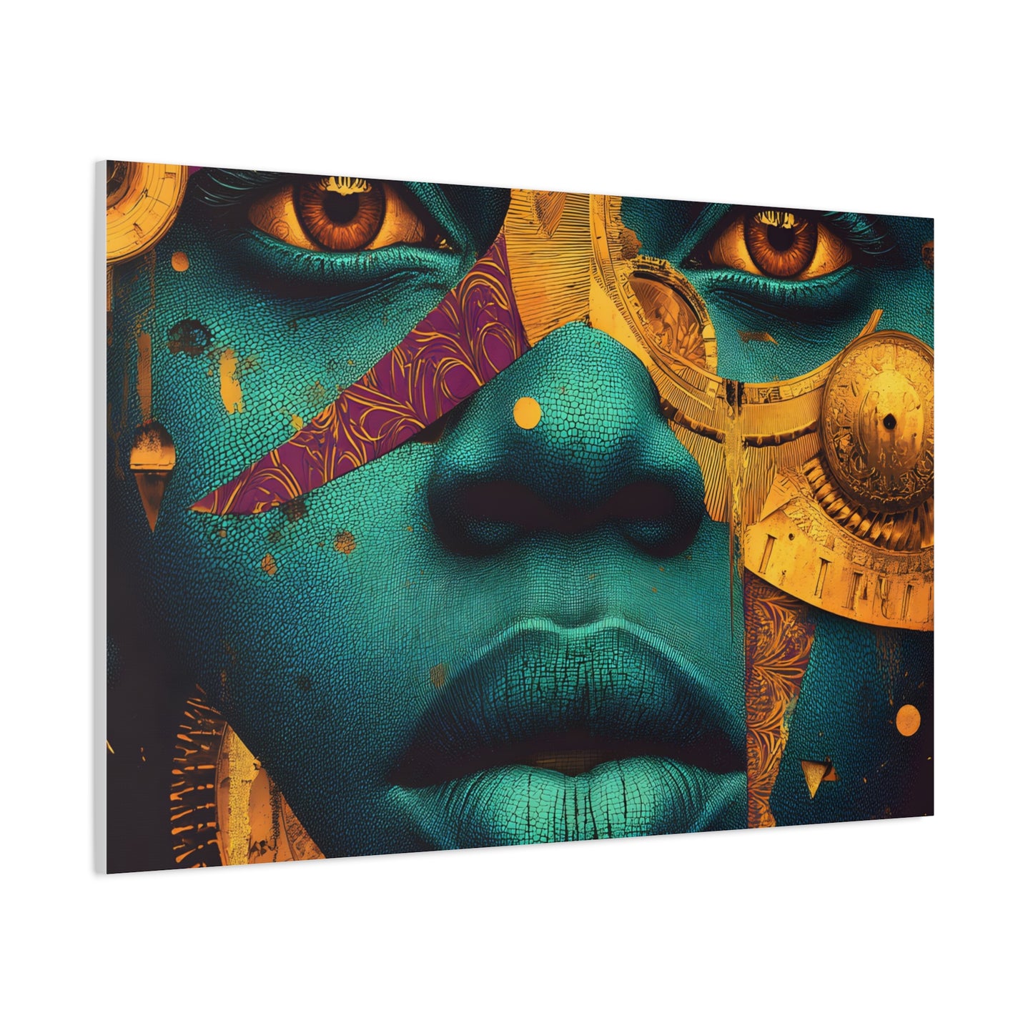 Afro-Futurist Portrait Matte Stretched Canvas — Teal & Gold Face Wall Art