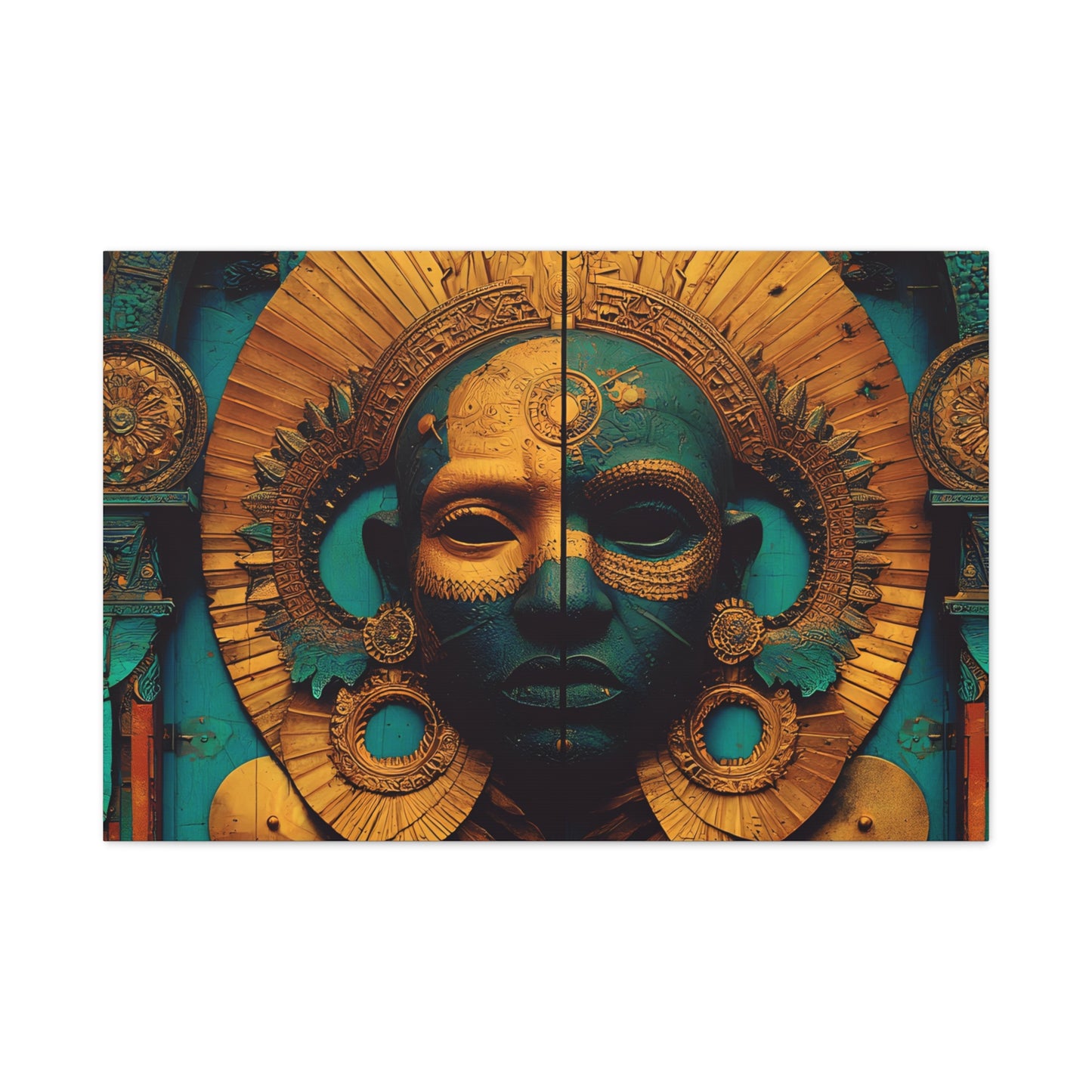 Gold & Teal Tribal Mask Matte Canvas Art — Stretched Wall Decor