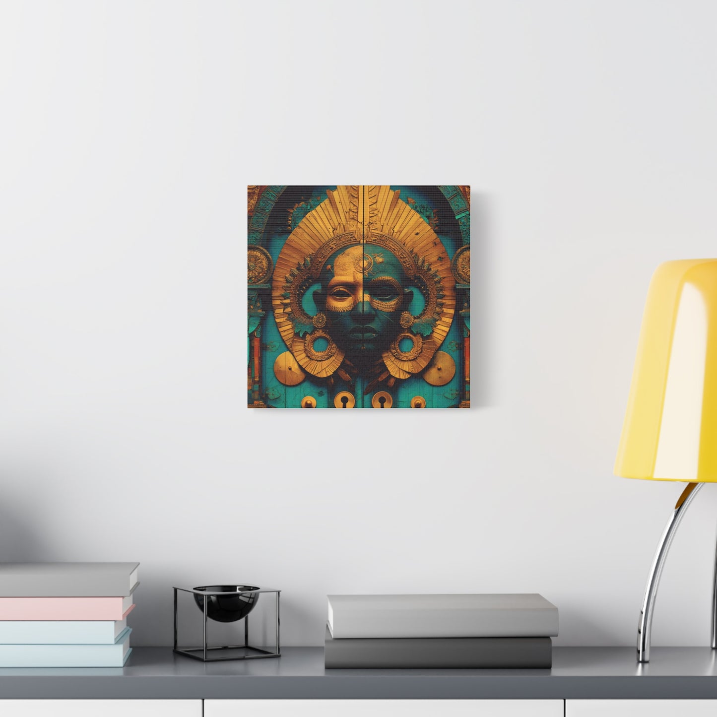 Gold & Teal Tribal Mask Matte Canvas Art — Stretched Wall Decor