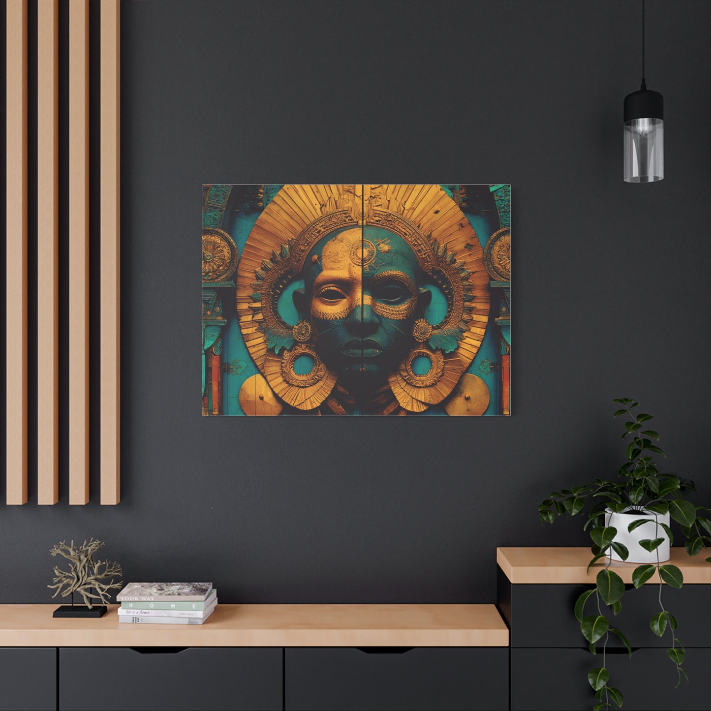 Gold & Teal Tribal Mask Matte Canvas Art — Stretched Wall Decor
