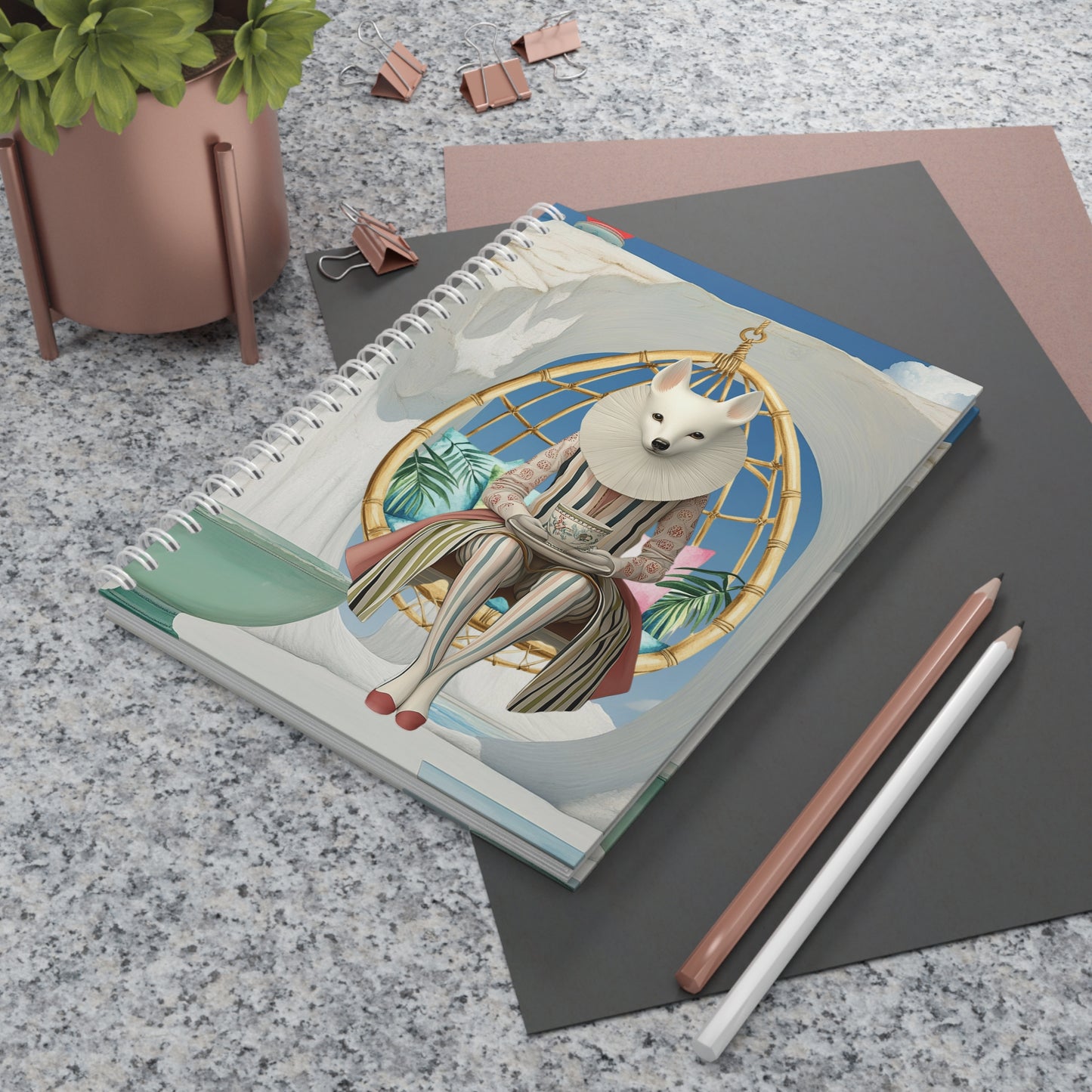 Whimsical Fox Hanging Chair Spiral Notebook — Artistic Animal Illustration Journal