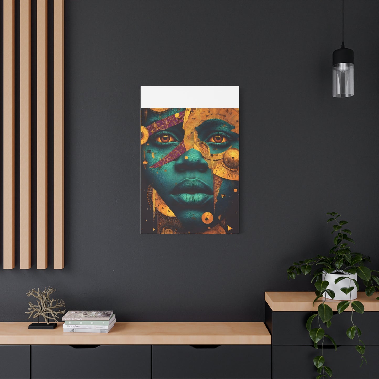 Afro-Futurist Portrait Matte Stretched Canvas — Teal & Gold Face Wall Art