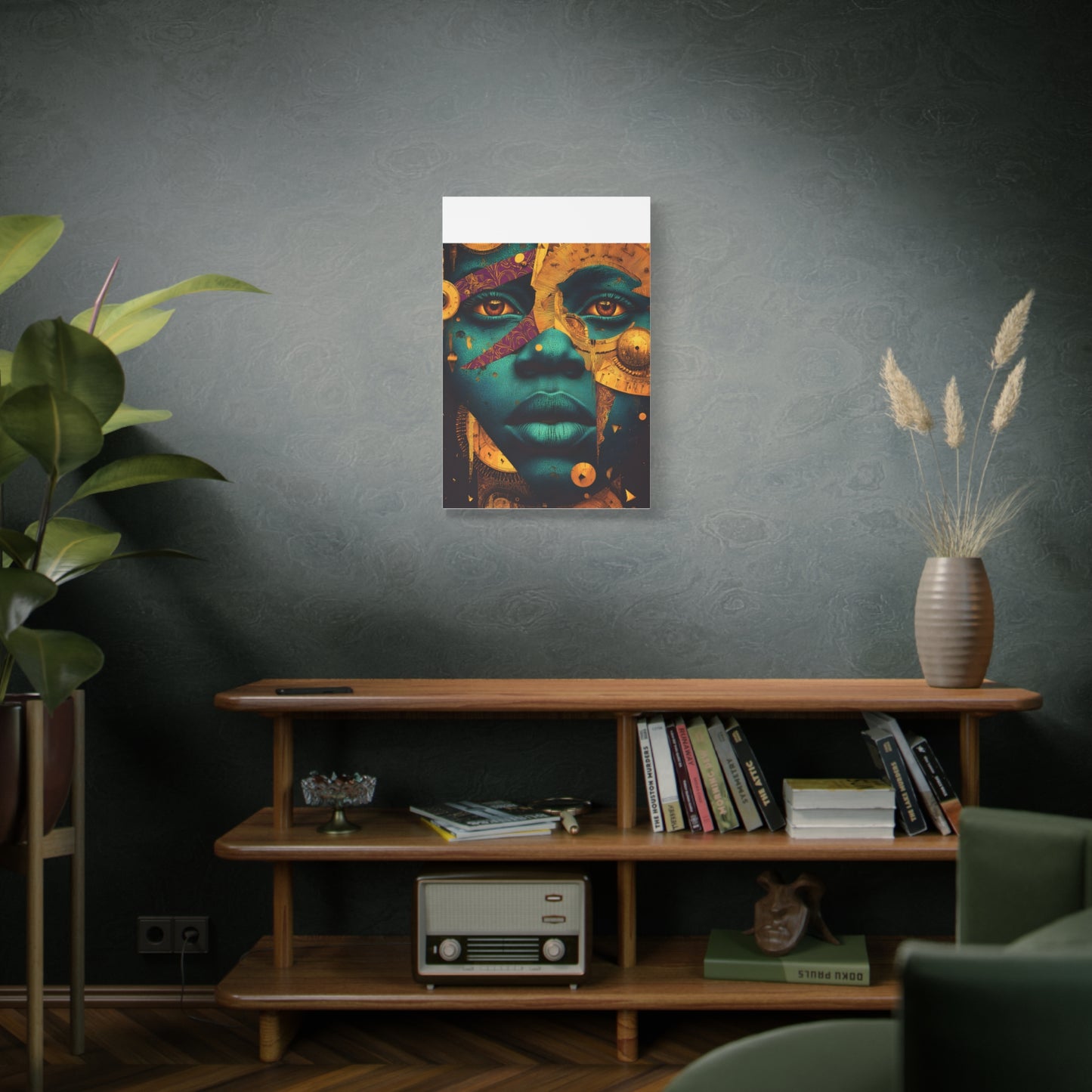 Afro-Futurist Portrait Matte Stretched Canvas — Teal & Gold Face Wall Art