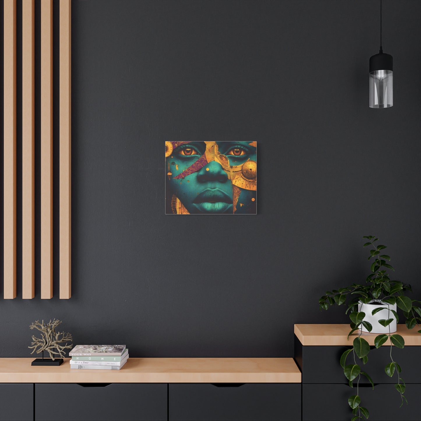 Afro-Futurist Portrait Matte Stretched Canvas — Teal & Gold Face Wall Art