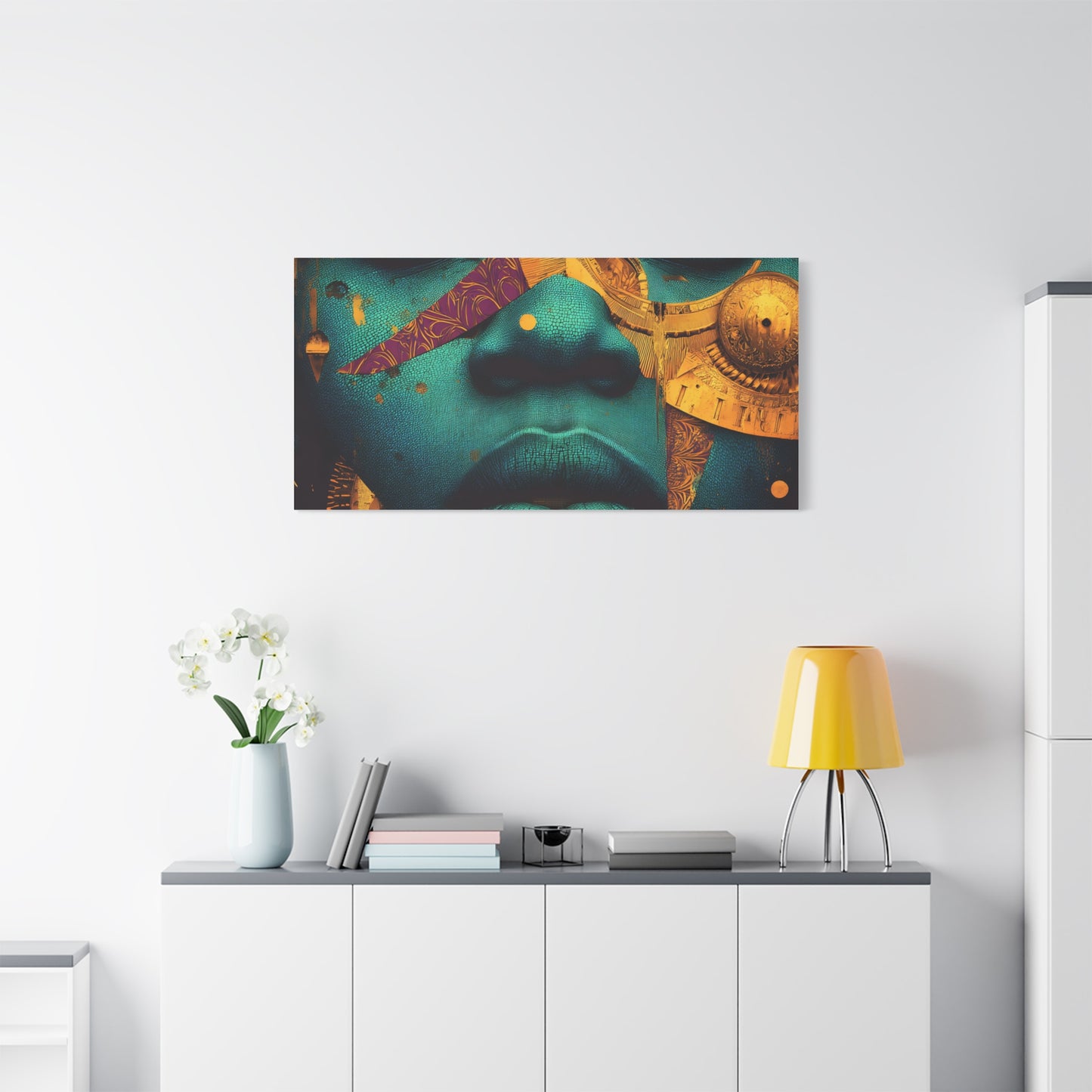 Afro-Futurist Portrait Matte Stretched Canvas — Teal & Gold Face Wall Art