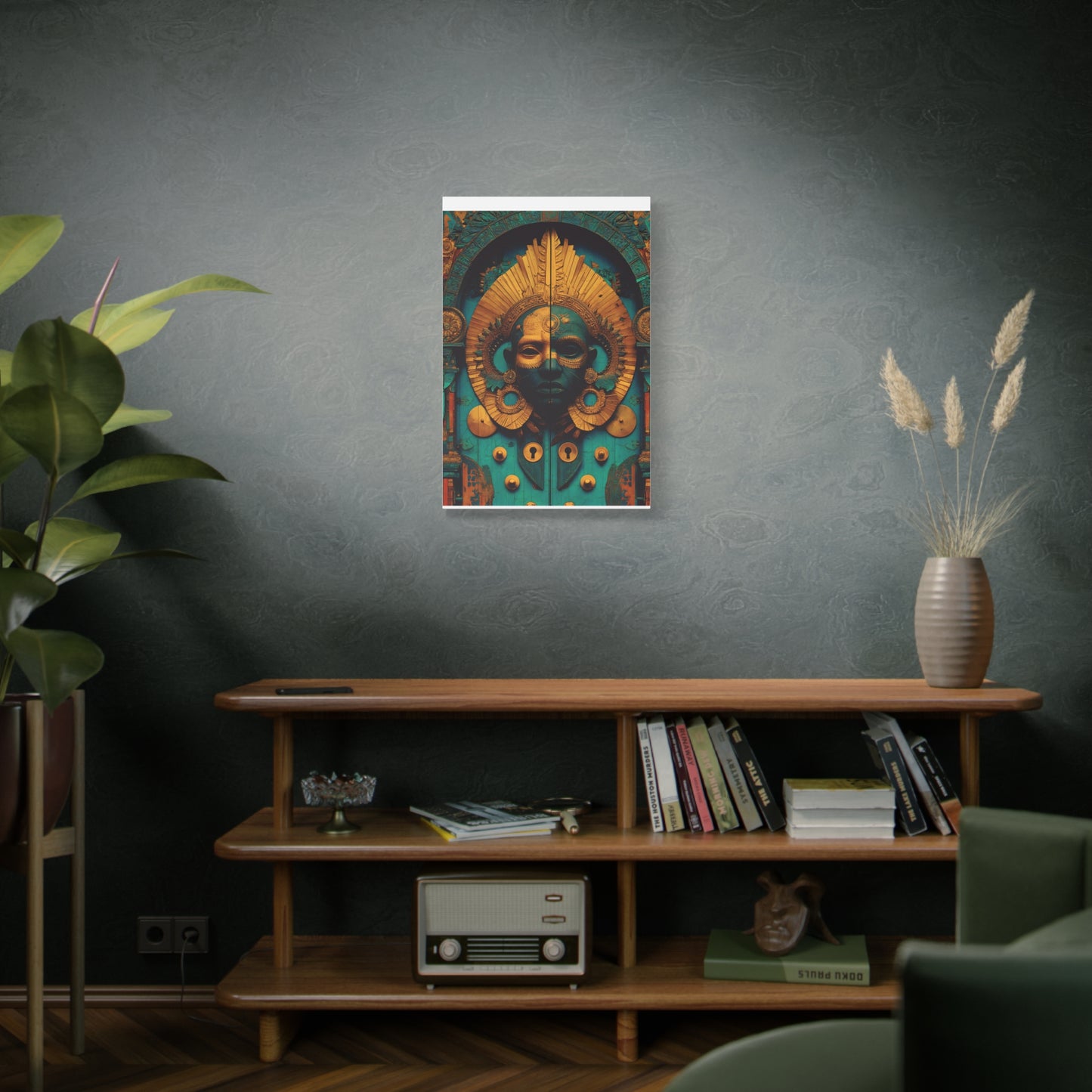 Gold & Teal Tribal Mask Matte Canvas Art — Stretched Wall Decor