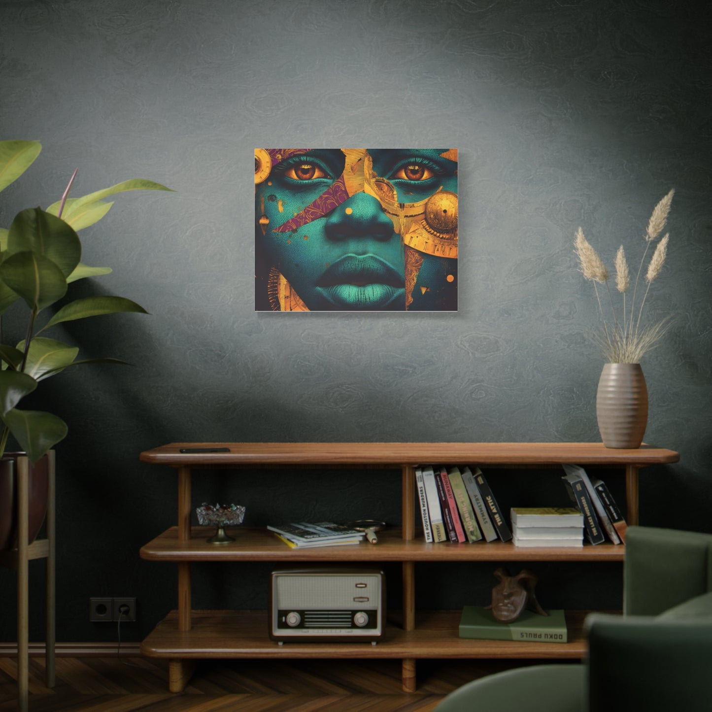 Afro-Futurist Portrait Matte Stretched Canvas — Teal & Gold Face Wall Art