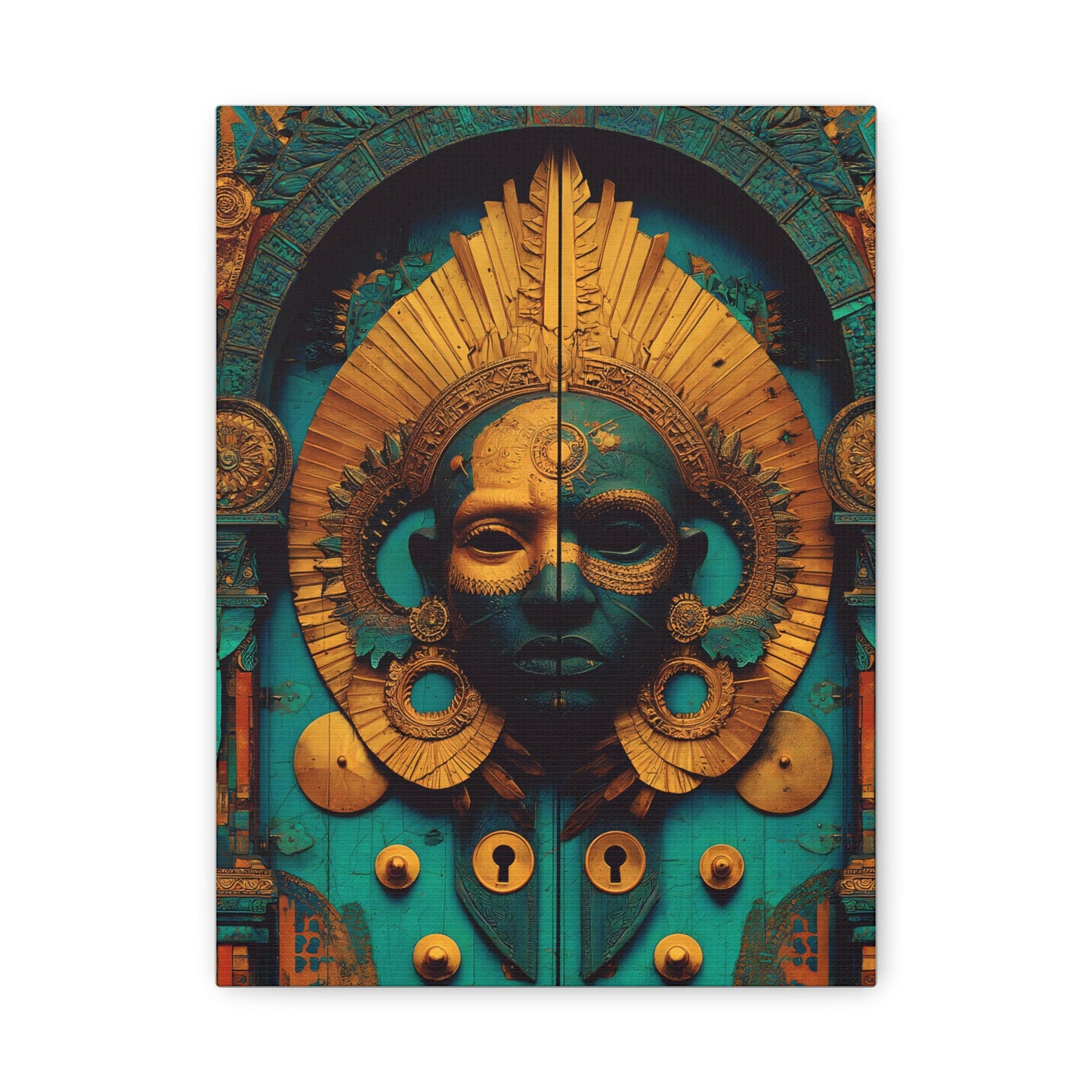Gold & Teal Tribal Mask Matte Canvas Art — Stretched Wall Decor