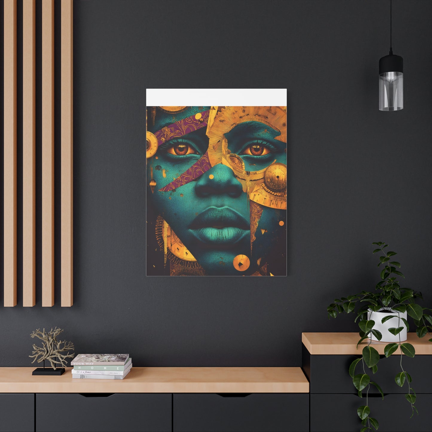 Afro-Futurist Portrait Matte Stretched Canvas — Teal & Gold Face Wall Art