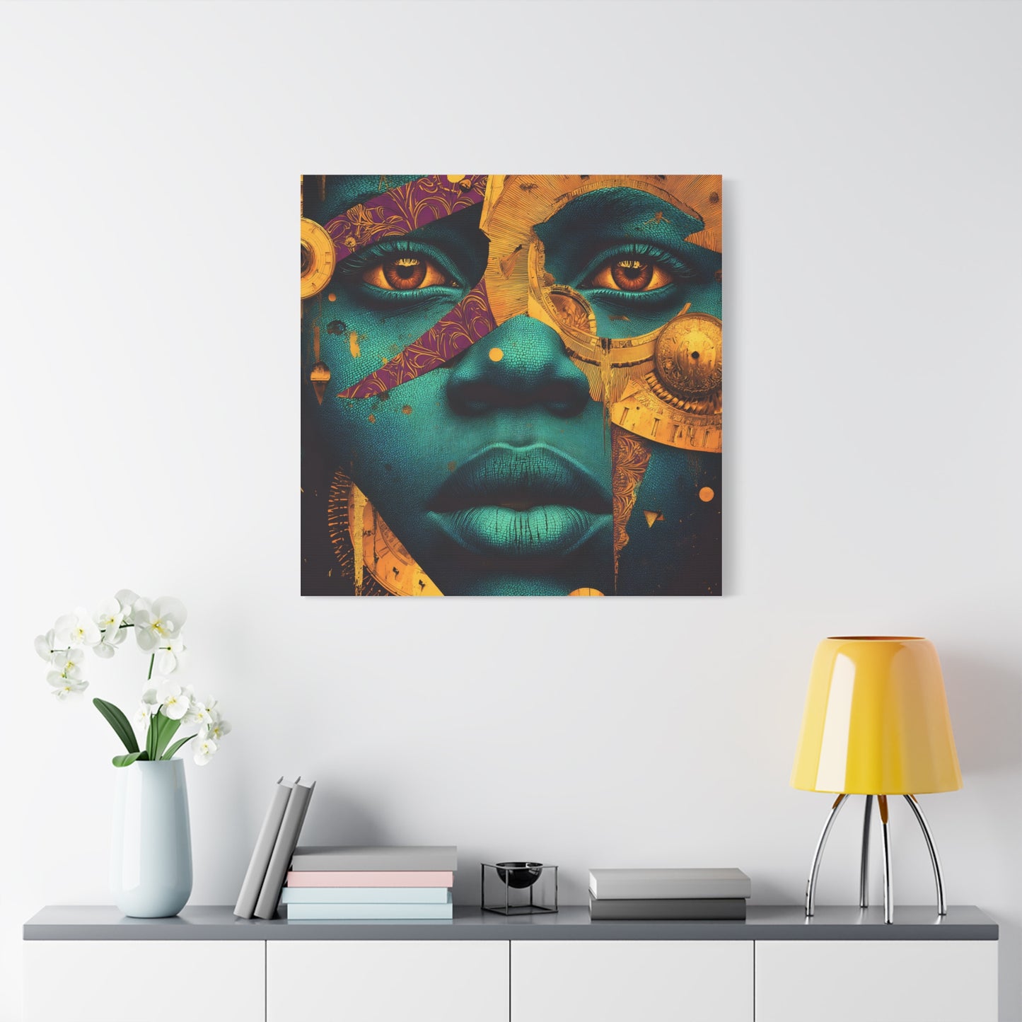 Afro-Futurist Portrait Matte Stretched Canvas — Teal & Gold Face Wall Art