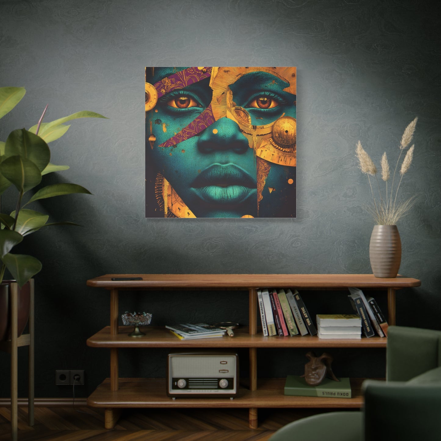 Afro-Futurist Portrait Matte Stretched Canvas — Teal & Gold Face Wall Art