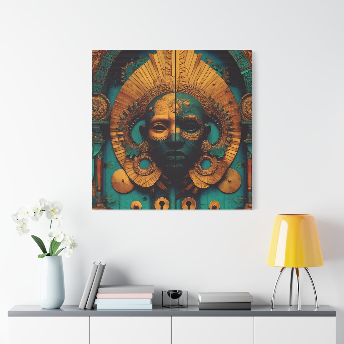 Gold & Teal Tribal Mask Matte Canvas Art — Stretched Wall Decor
