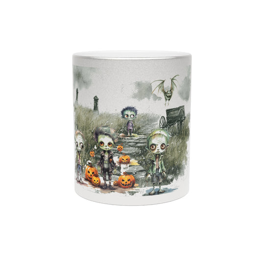Spooktacular Halloween Metallic Mug (Silver/Gold) | Scary Mug, Halloween Decor, Gift for Friends, Zombie Design, Unique Coffee Cup