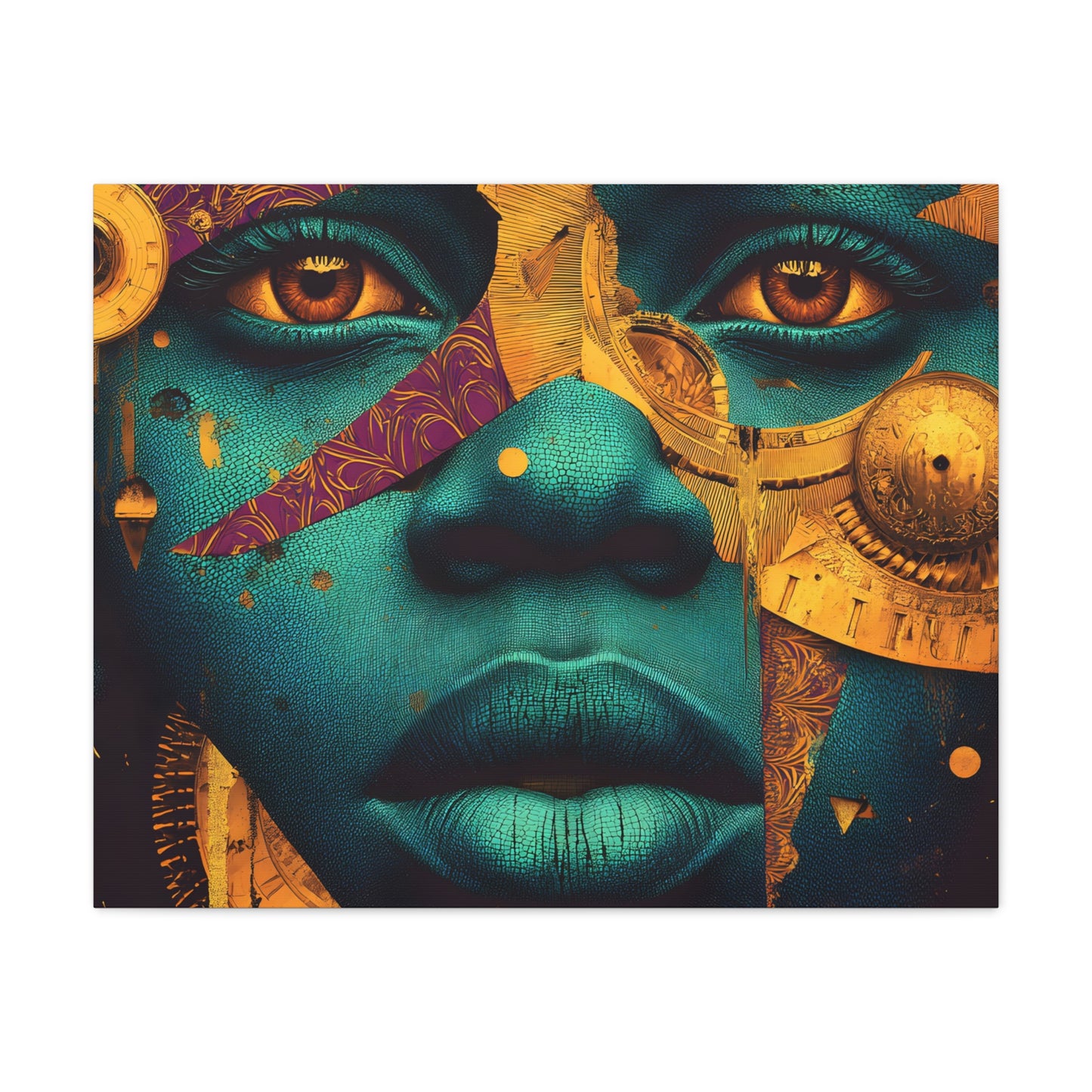Afro-Futurist Portrait Matte Stretched Canvas — Teal & Gold Face Wall Art