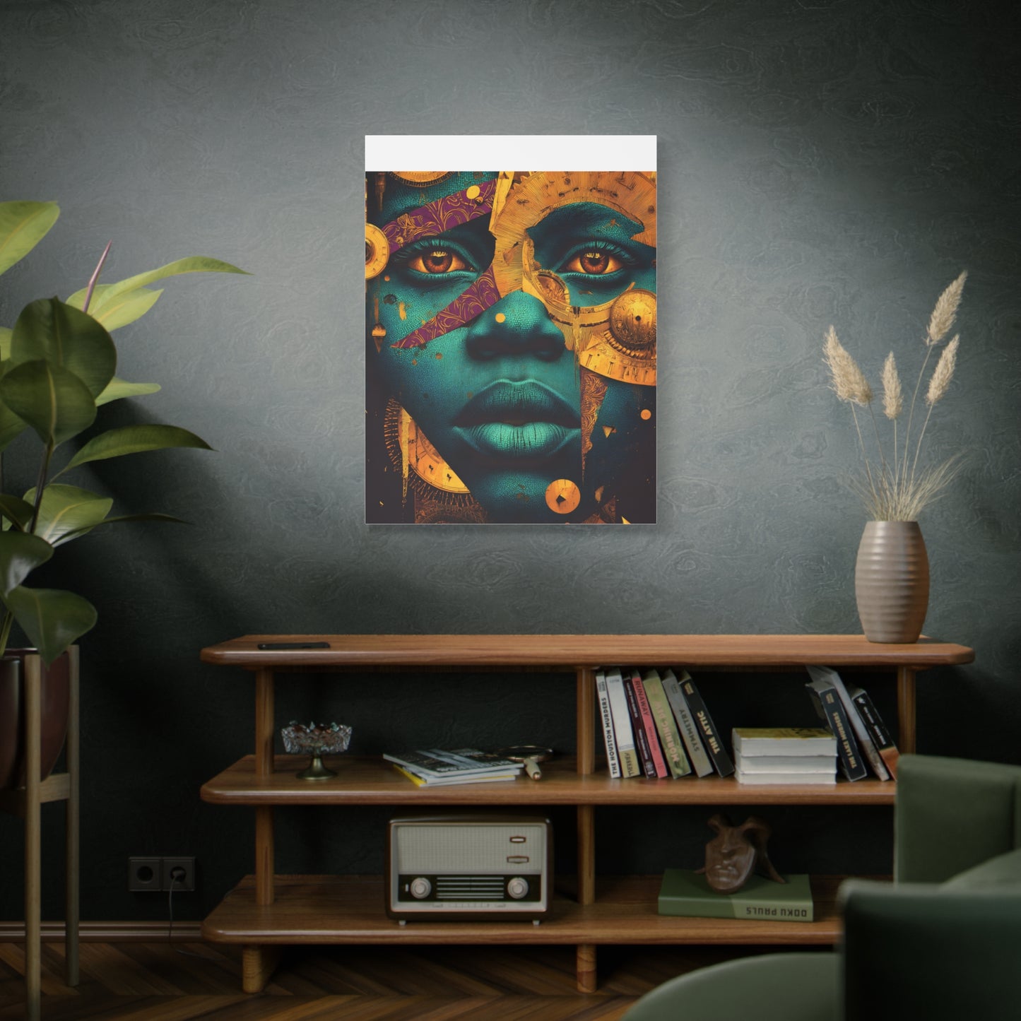 Afro-Futurist Portrait Matte Stretched Canvas — Teal & Gold Face Wall Art